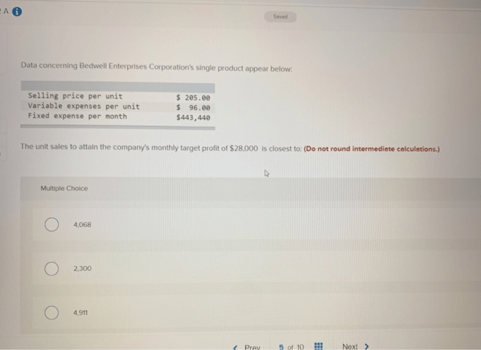 Data concerning bedwell enterprises corporation's single product appear below